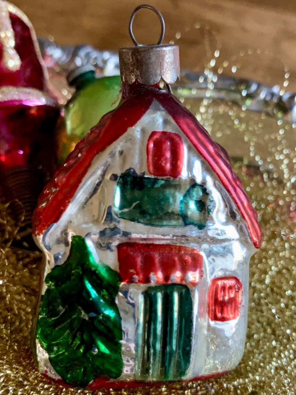 Vintage Glass House Ornament Red Roof Cottage | Mercury Glass Christmas Village